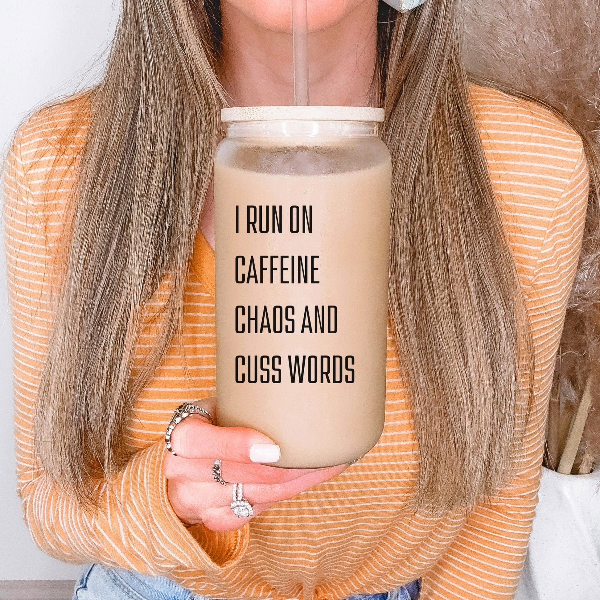 Coffee Lover Mama Iced Coffee Cup Caffeine and Chaos Frosted Coffee Tumbler with straw Funny Mama gift for mom Glass Tumbler Mom Birthday