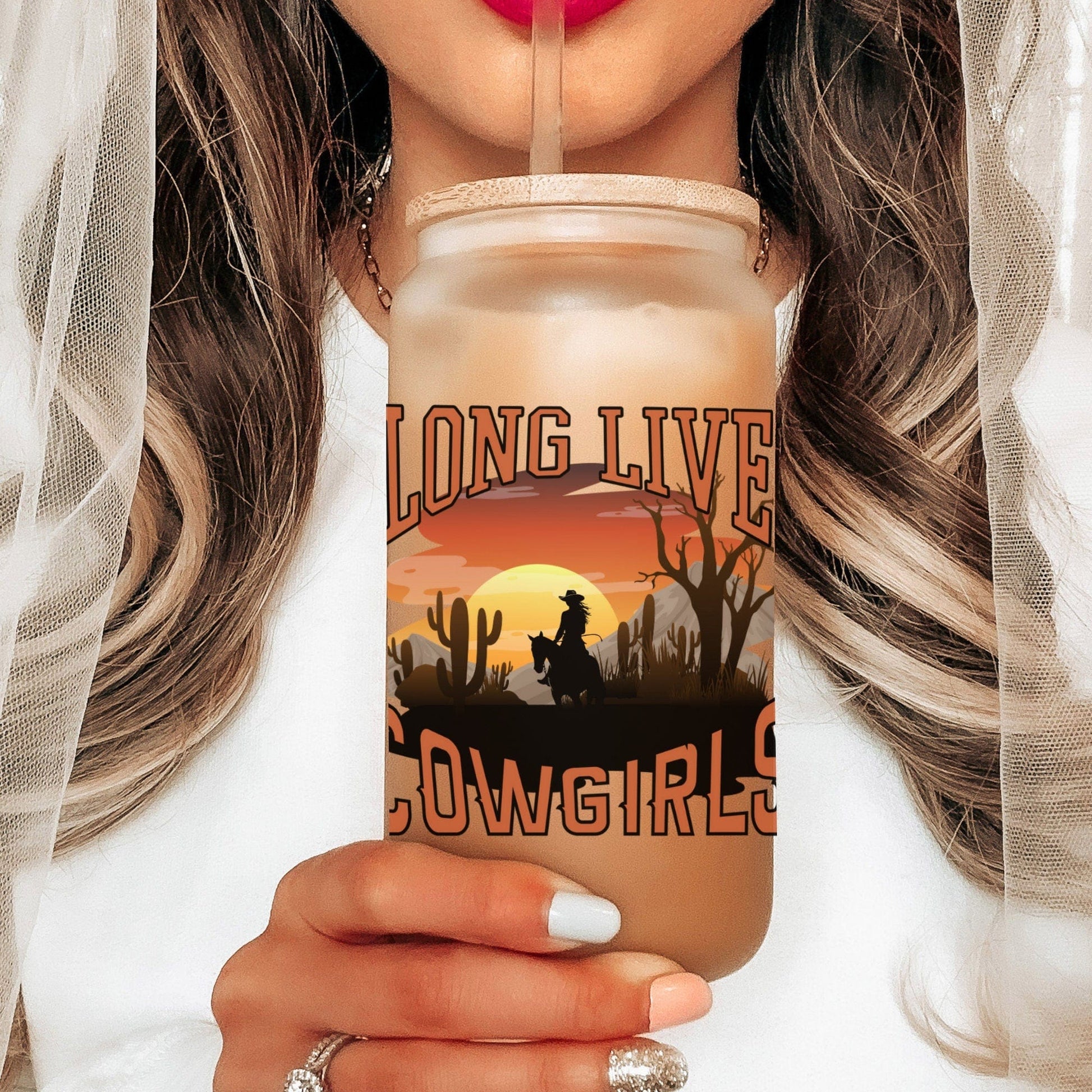 Country concert Frosted Iced Coffee Cup Long Live Cowgirls Frosted Tumbler with Straw Western Rodeo cowgirl Desert Vintage style beer Glass