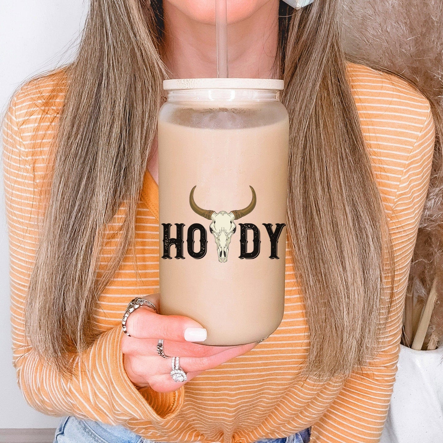 Howdy Western Bull Skull Frosted Iced Coffee Cup Longhorn Skull Frosted Tumbler with Straw Western Rodeo cowboy beer Glass Longhorn Steer