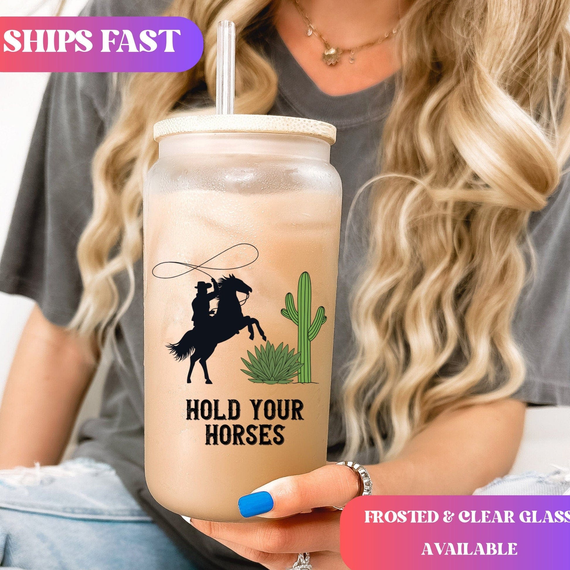 Country Western Frosted Iced Coffee Cup Hold your horses Frosted Tumbler with Straw Western Rodeo cowboy beer Glass Can Gift for Cowgirl